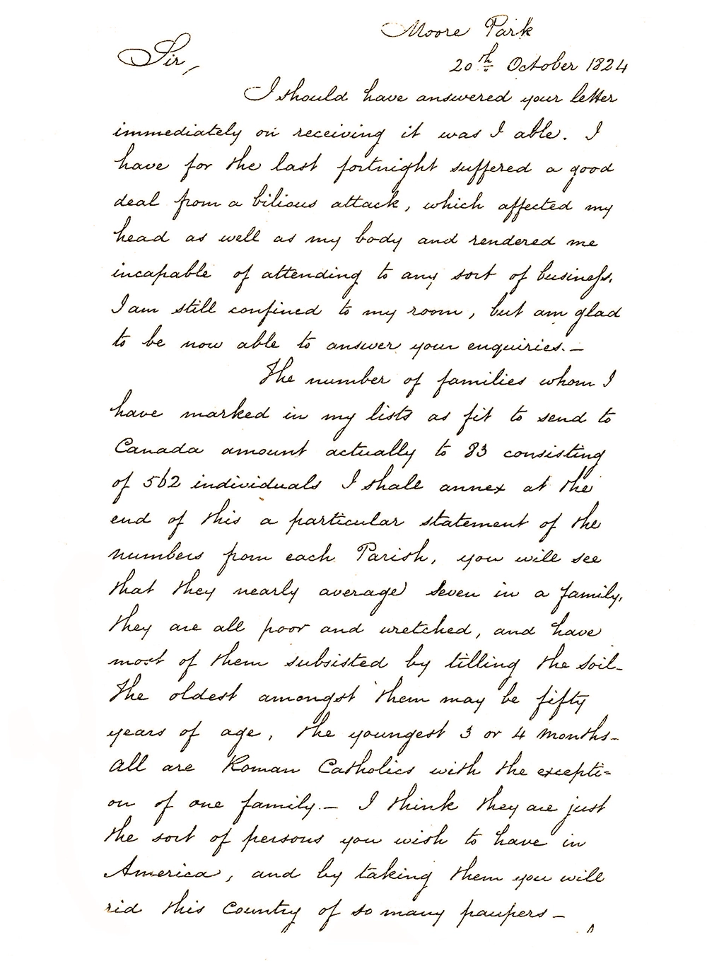 Letter written from 3rd Earl of Mount Cashell to Peter Robinson (1824)