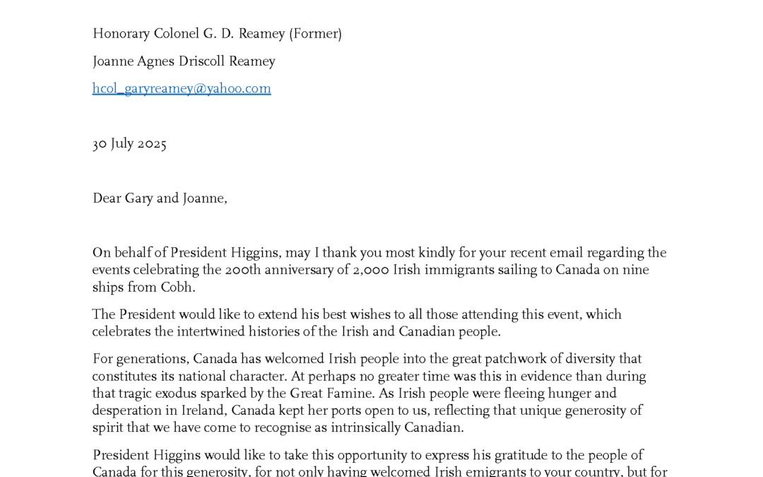 Letter: Office of the President of Ireland